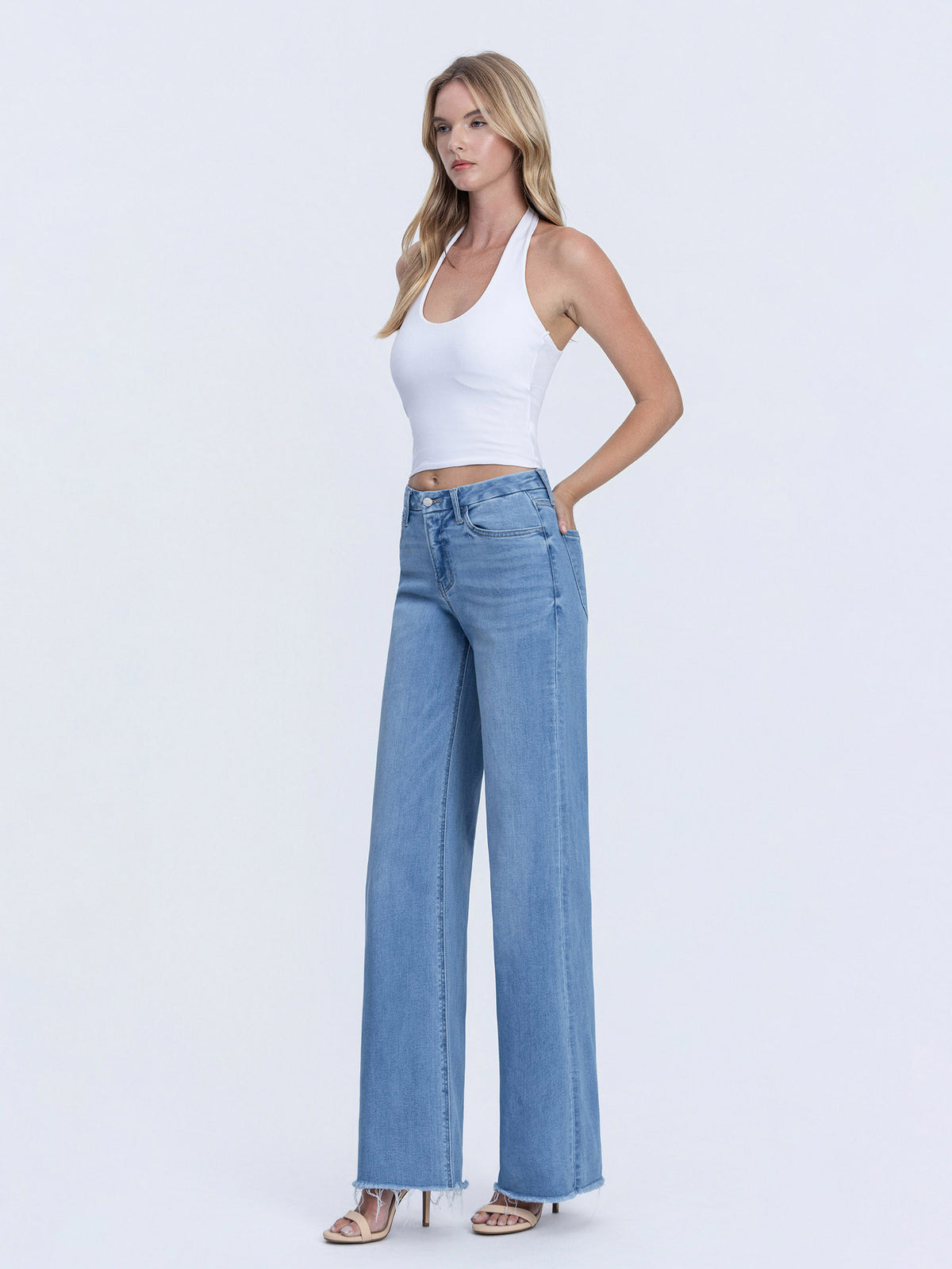 Vervet - High Rise Medium Wash Frayed Hem Wide Leg Jeans (32" Inseam) - LV1682-SaltTree