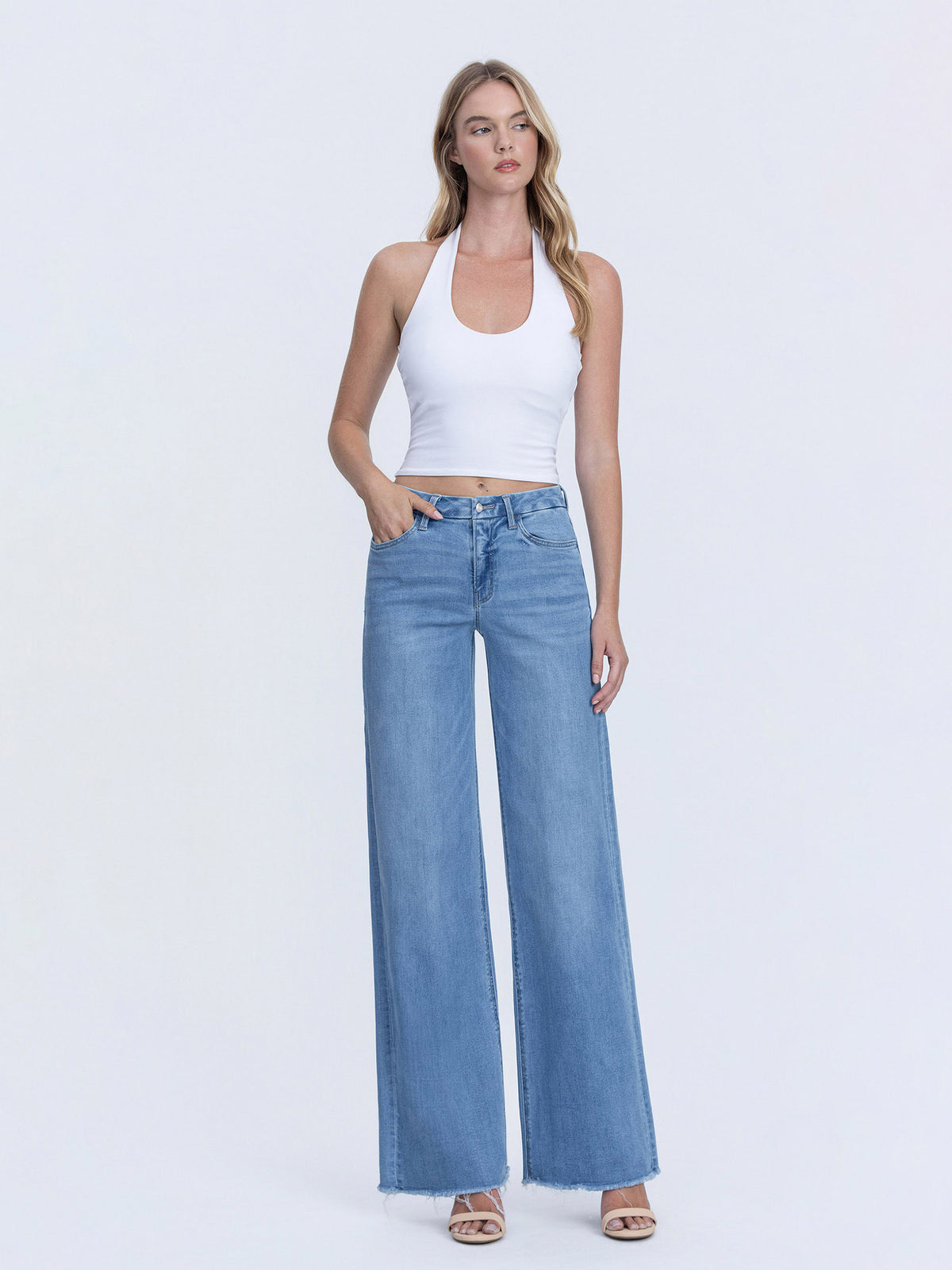 Vervet - High Rise Medium Wash Frayed Hem Wide Leg Jeans (32" Inseam) - LV1682-SaltTree