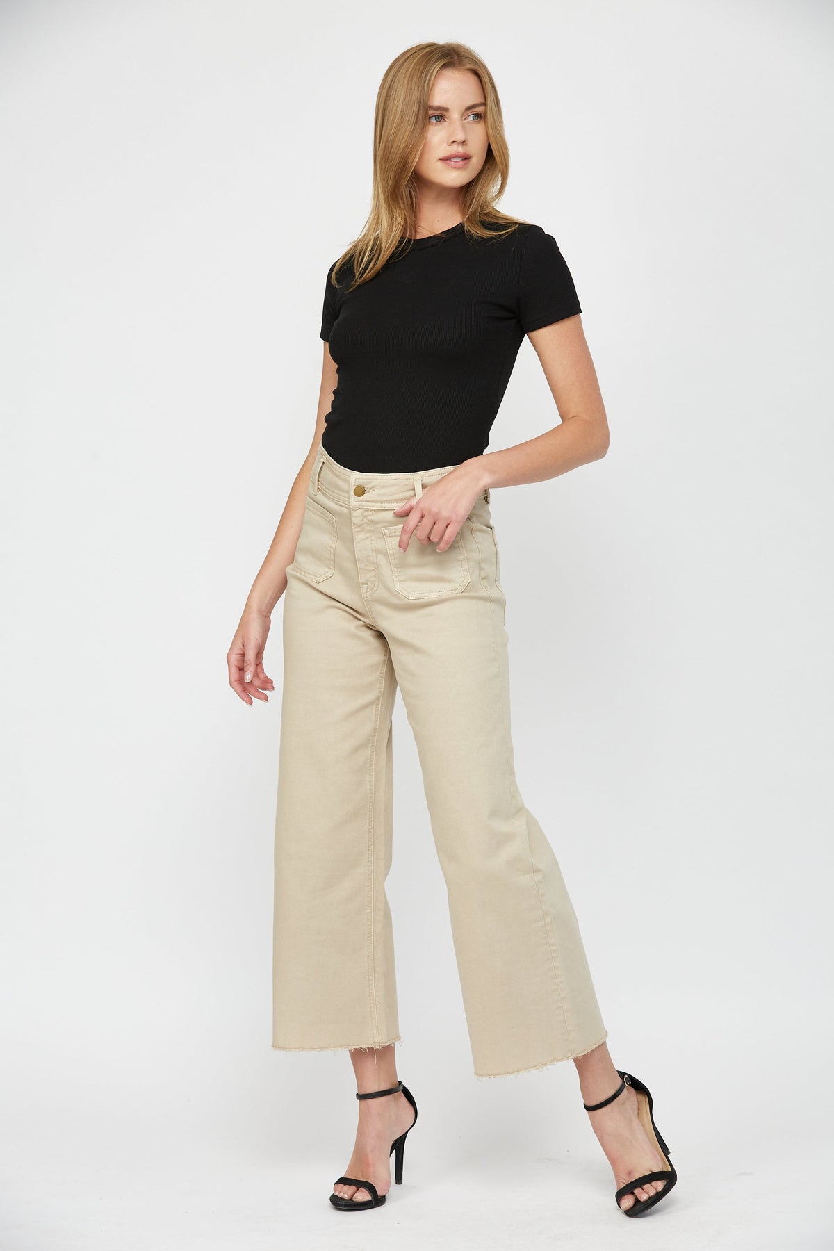 Mica Denim - Cropped Wide Leg With Front Pocket Jeans - MBE-W604 - SaltTree