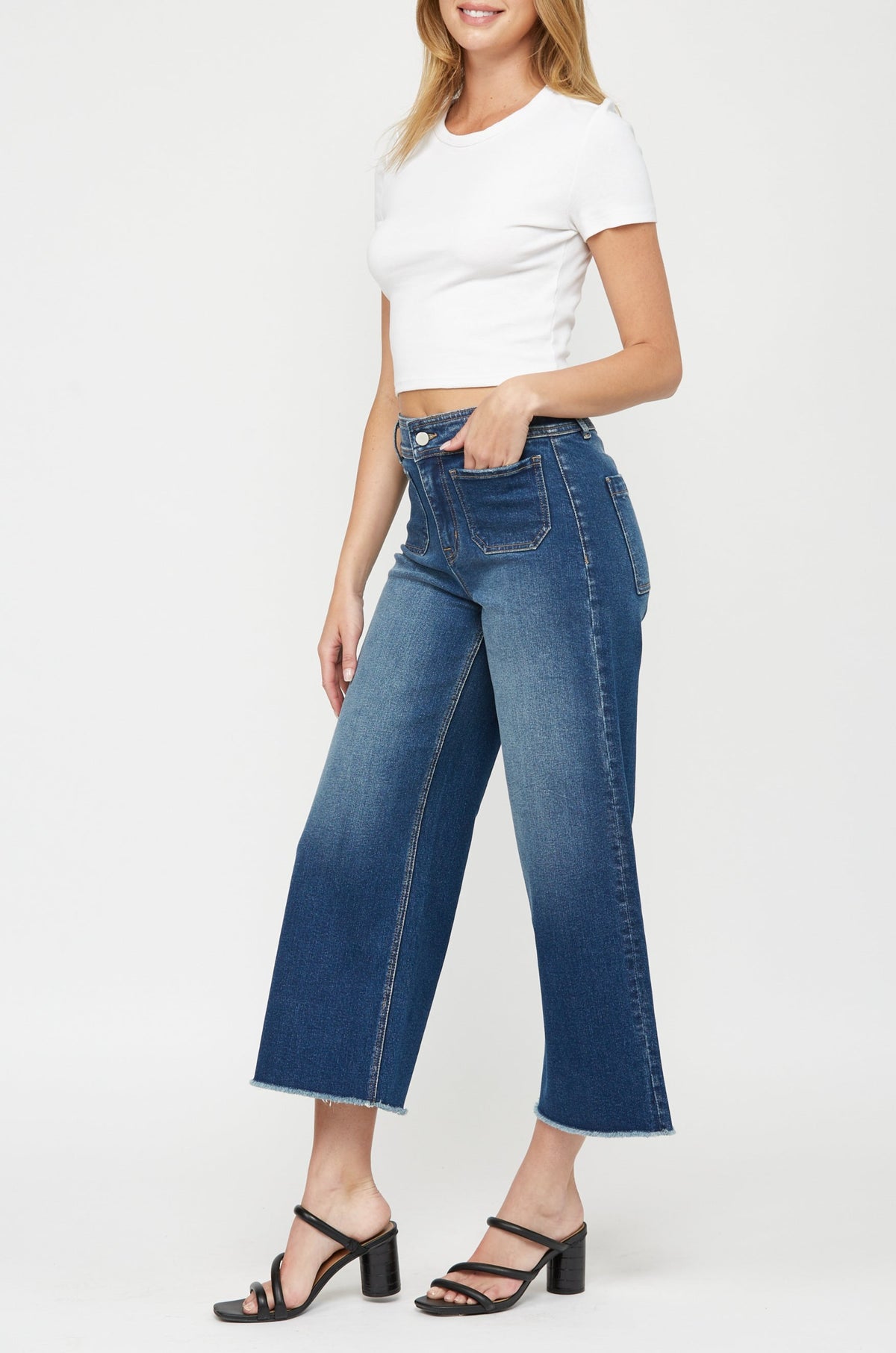 Mica Denim - Cropped Wide Leg With Front Pocket Jean - MBE-W604DK - SaltTree