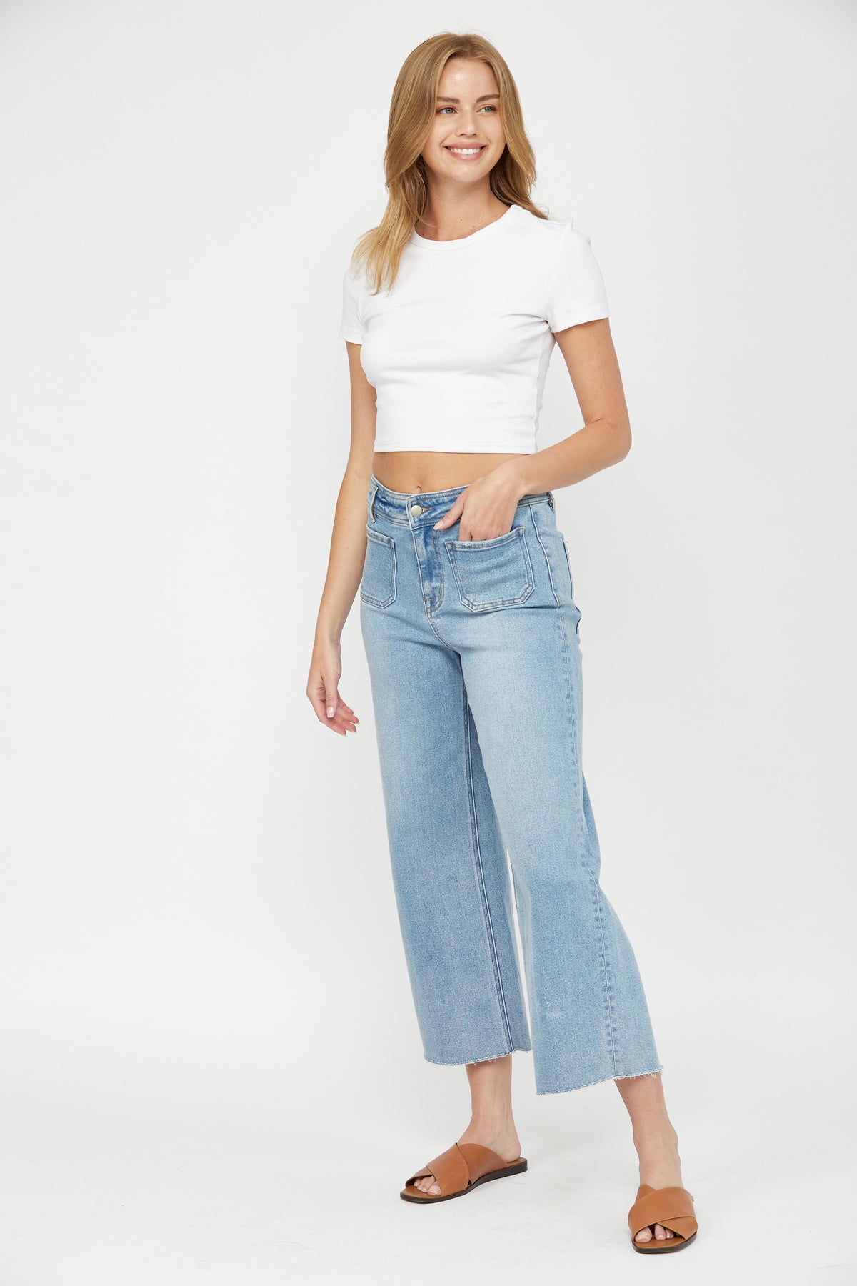 Mica Denim - Cropped Wide Leg With Front Pocket Jeans - MBE-W604LIT - SaltTree