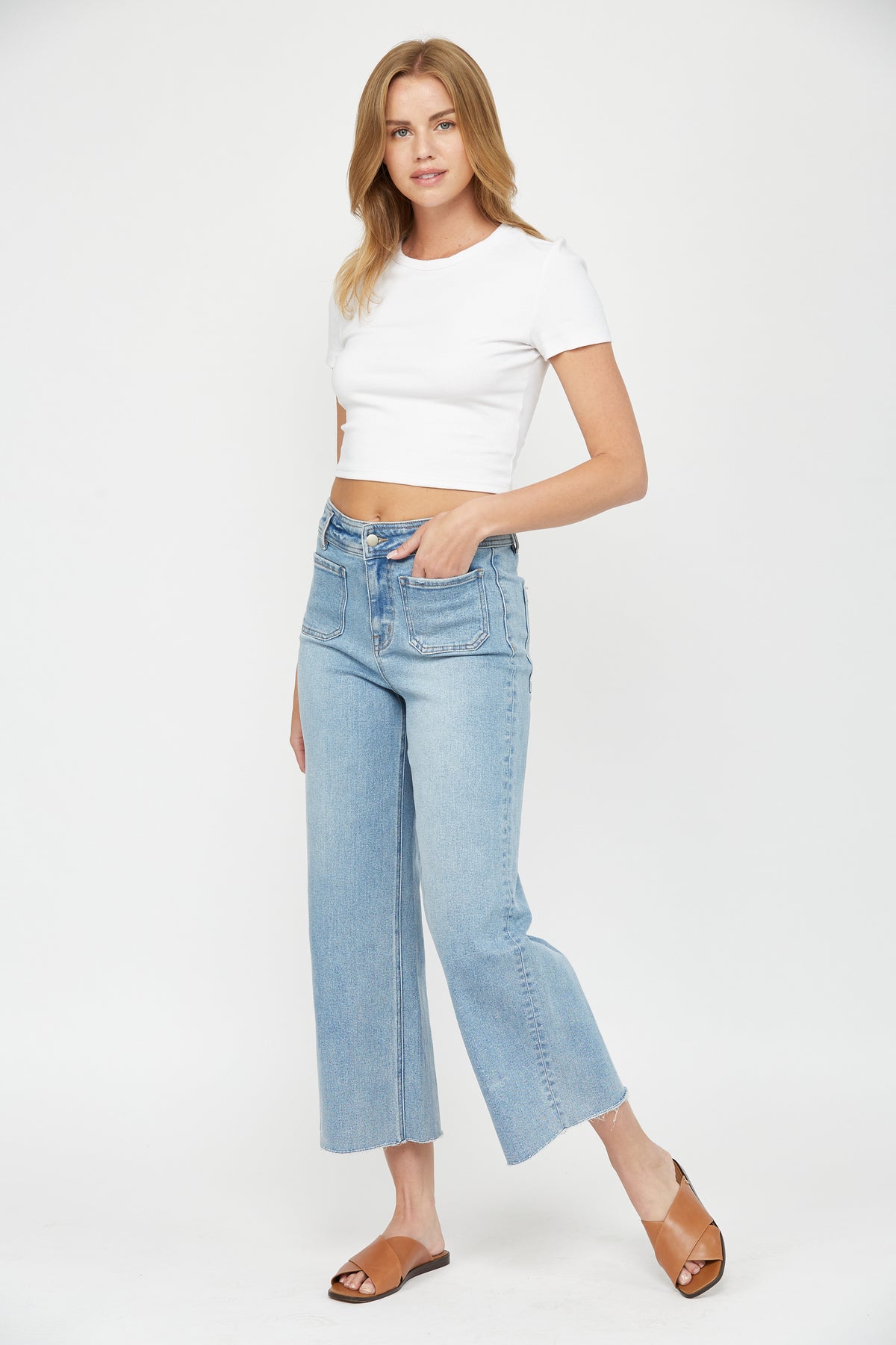 Mica Denim - Cropped Wide Leg With Front Pocket Jeans - MBE-W604LIT - SaltTree