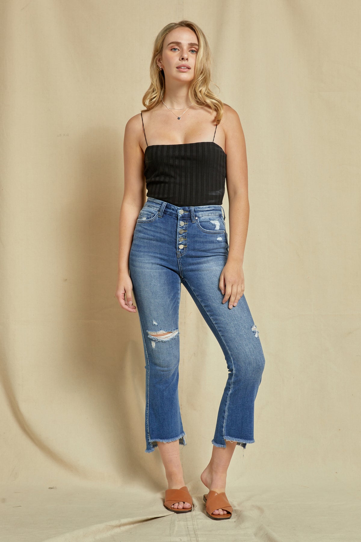 Mica Denim - Dolcetto High Rise Crop Flare Button with Step Hem Jeans -  MDP-F148