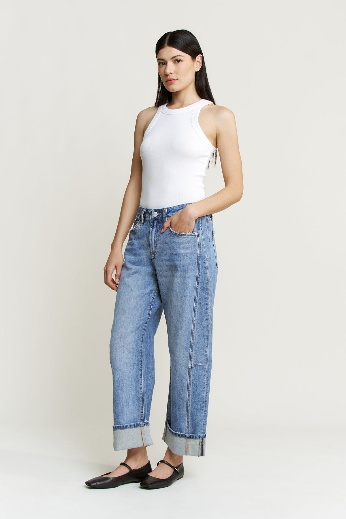 Mica Denim - High Rise Barrel-Leg Cuffed Hem Jeans (26"-29.5" Inseam) - MDP-W3525LT