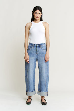 Mica Denim - High Rise Barrel-Leg Cuffed Hem Jeans (26"-29.5" Inseam) - MDP-W3525LT