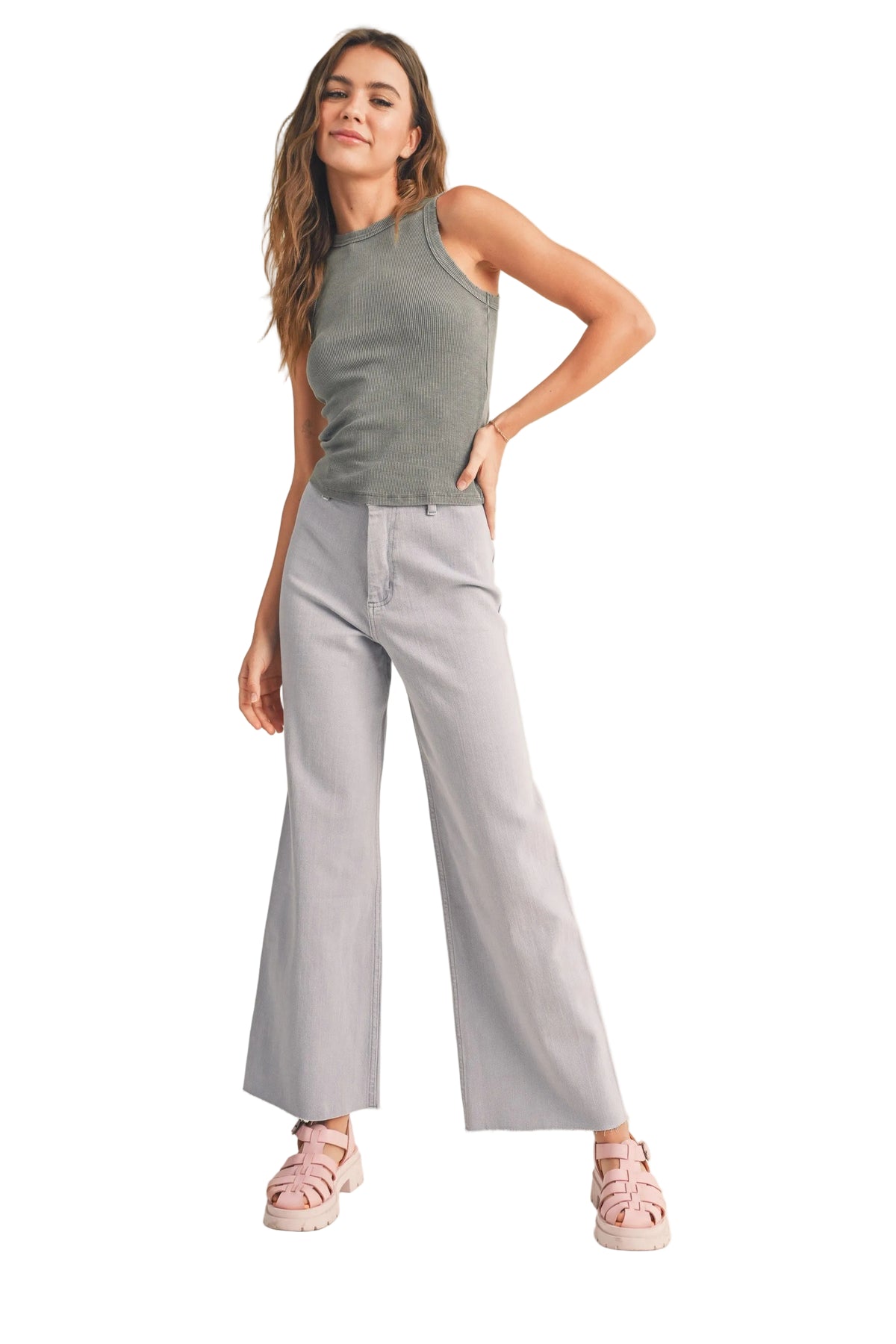 Miou Muse - High Rise Raw Hem Crop Wide Leg Pant - (29" Inseam) - MMP623-SaltTree