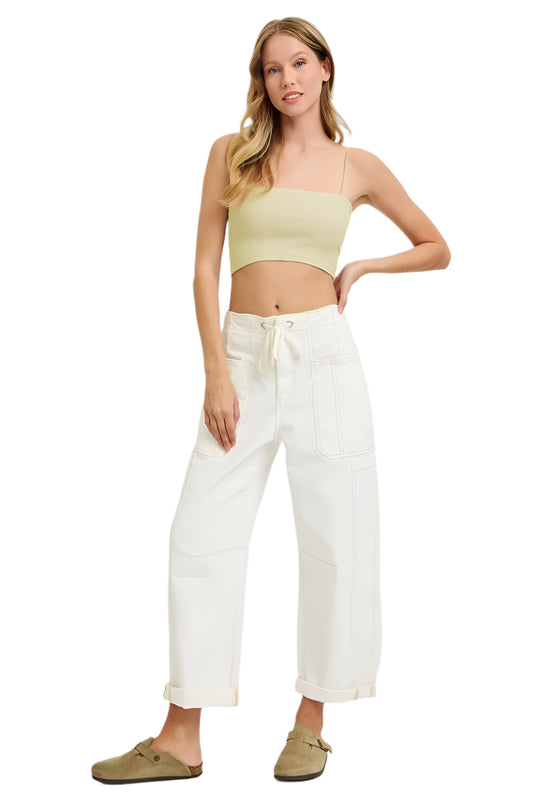 Risen Jeans - High-Rise Crop Wide Barrel Cargo Pants with Adjustable Cuffed Hem - PG21142C