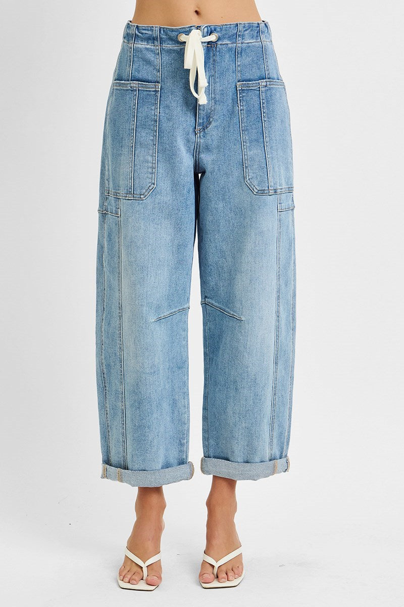 Risen Jeans - High Rise Crop Wide Barrel Cargo Pocket Jeans - PG21142L - SaltTree