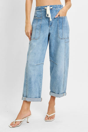 Risen Jeans - High Rise Crop Wide Barrel Cargo Pocket Jeans - PG21142L - SaltTree