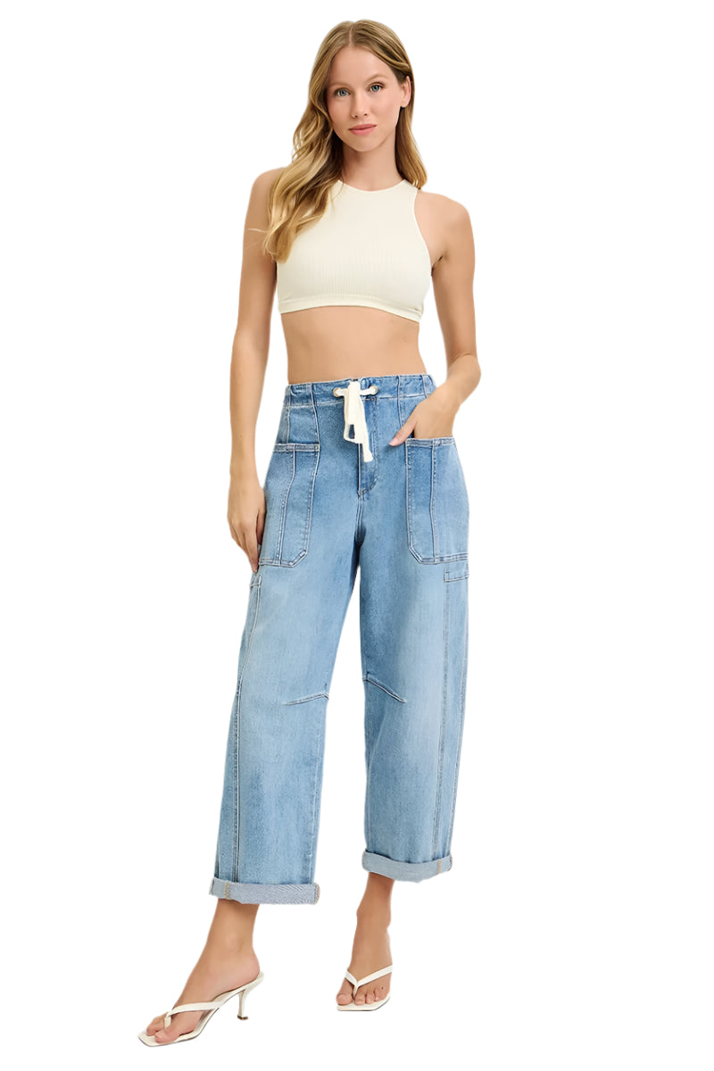 Risen Jeans - High Rise Crop Wide Barrel Cargo Pocket Jeans - PG21142L - SaltTree