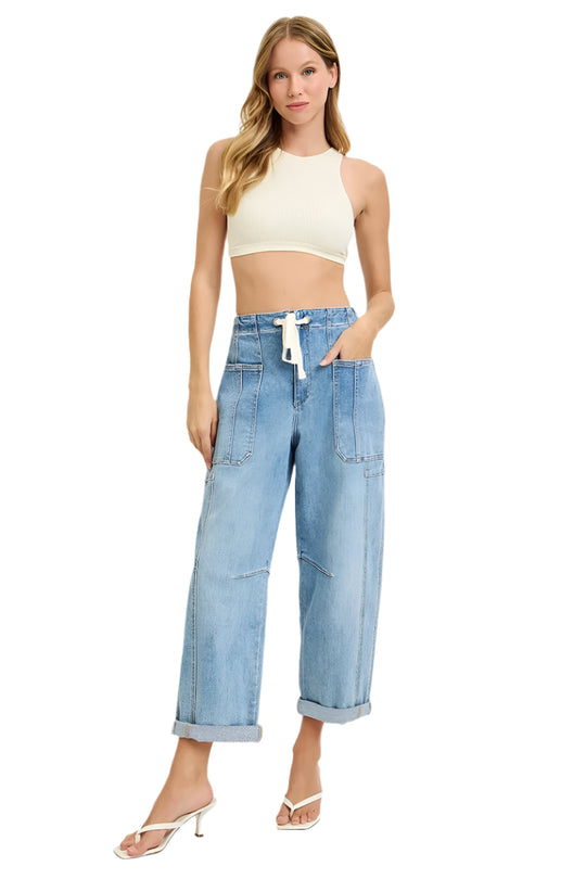 Risen Jeans - High Rise Cropped Wide Barrel Cargo Pocket Pants with Drawstring Waist (25" Cuffed Inseam) - PG21142L