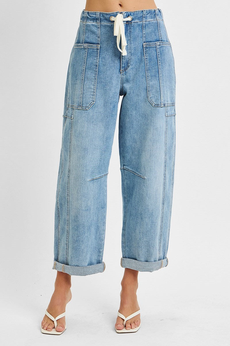 Risen Jeans - High Rise Crop Wide Barrel Cargo Pocket Jeans - PG21142L - SaltTree