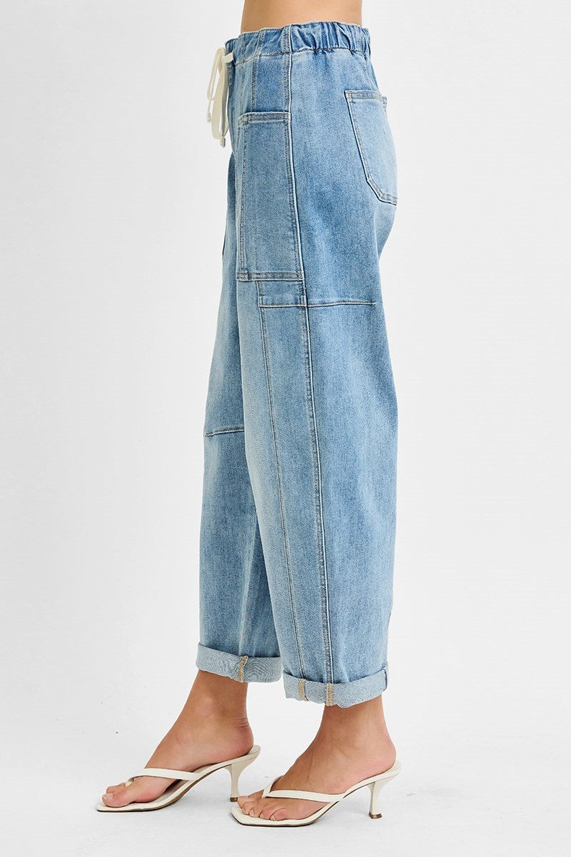 Risen Jeans - High Rise Crop Wide Barrel Cargo Pocket Jeans - PG21142L - SaltTree