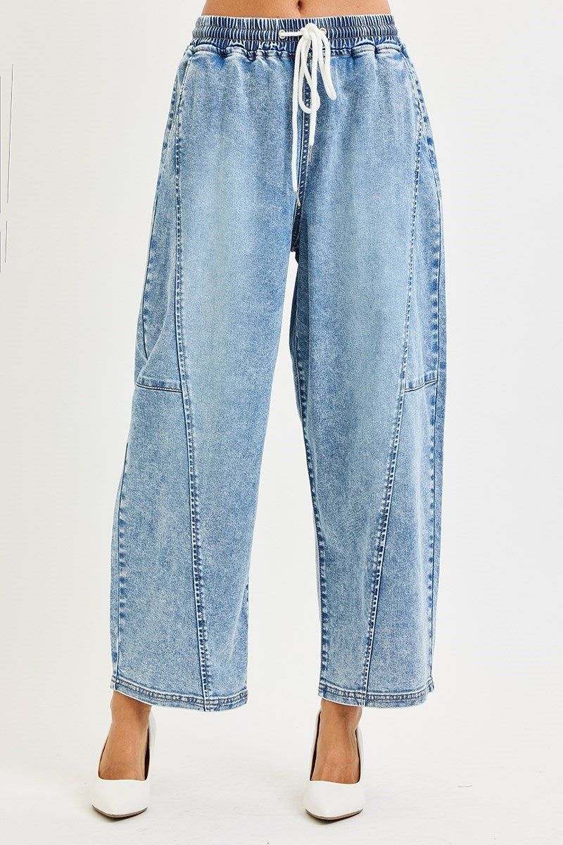 Risen Jeans - Elastic Band Slouchy Cropped Barrel Jeans (27.5" Inseam) - PG21199