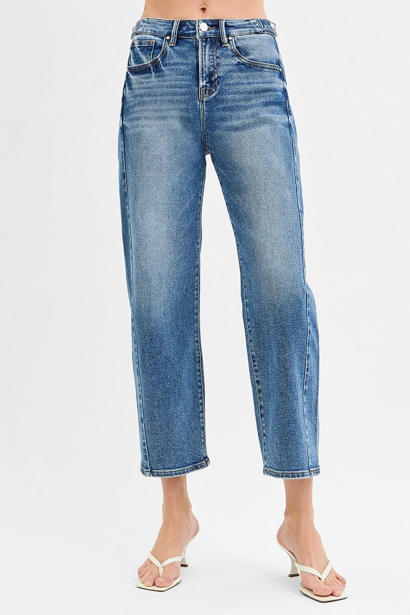 Risen Jeans _ High Rise Crop Legth Barrel Jeans Adjustable Waist Band - PGC21174D - SaltTree