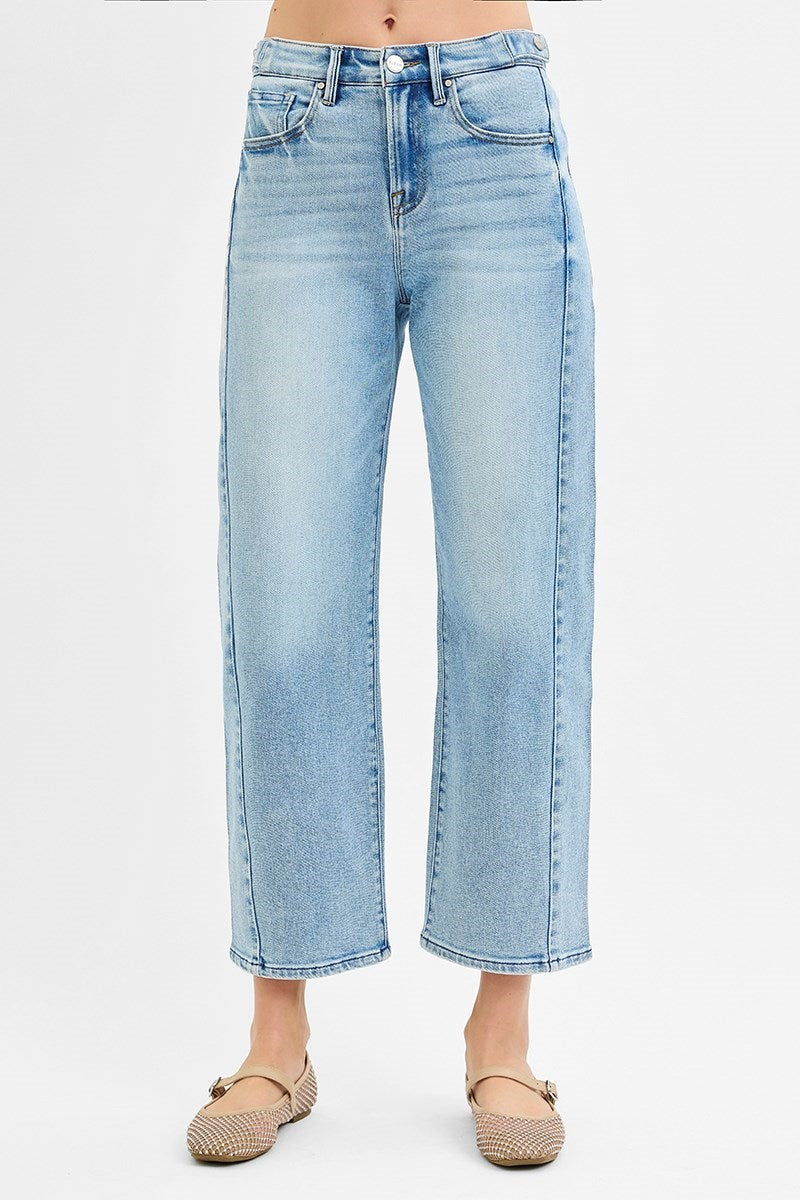 Risen Jeans - High Rise Crop Length Barrel Jeans Adjustable Waist Band - PGC21174L - SaltTree