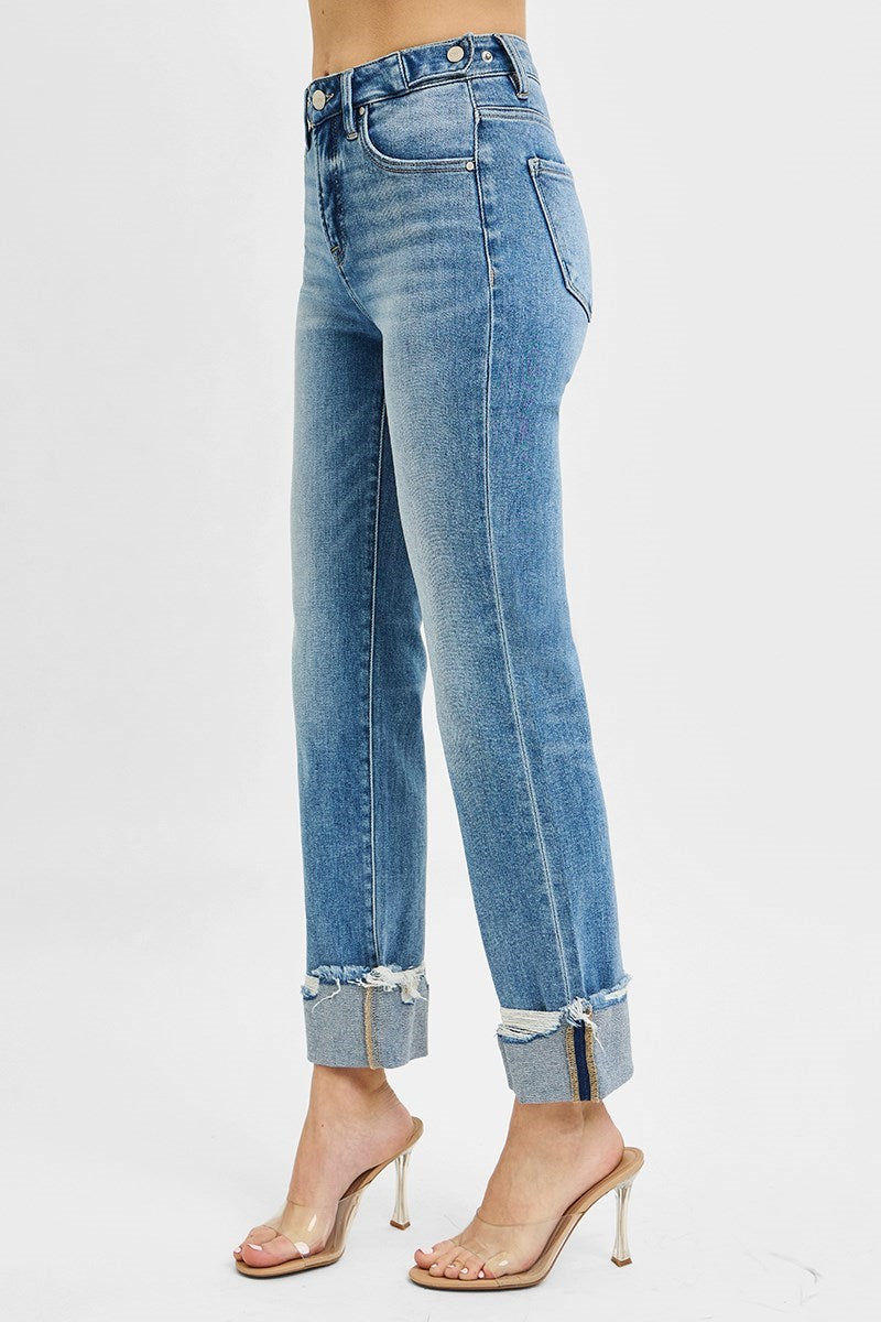 Risen Jeans - Tummy Control High Rise Crop Straight Cuffed Jeans - PSC21173M - SaltTree
