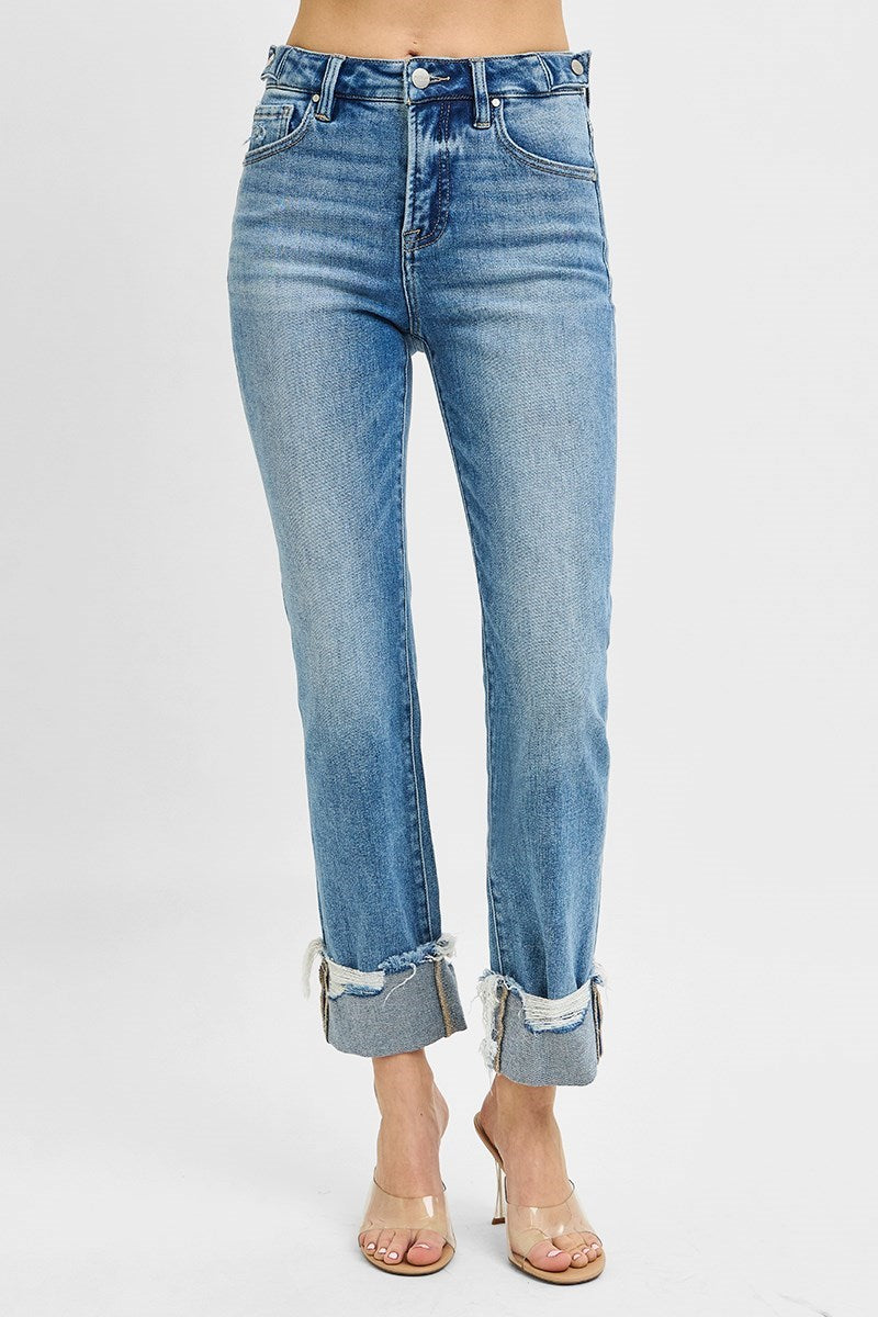 Risen Jeans - Tummy Control High Rise Crop Straight Cuffed Jeans - PSC21173M - SaltTree