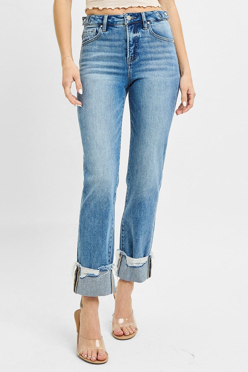 Risen Jeans - Tummy Control High Rise Crop Straight Cuffed Jeans - PSC21173M - SaltTree