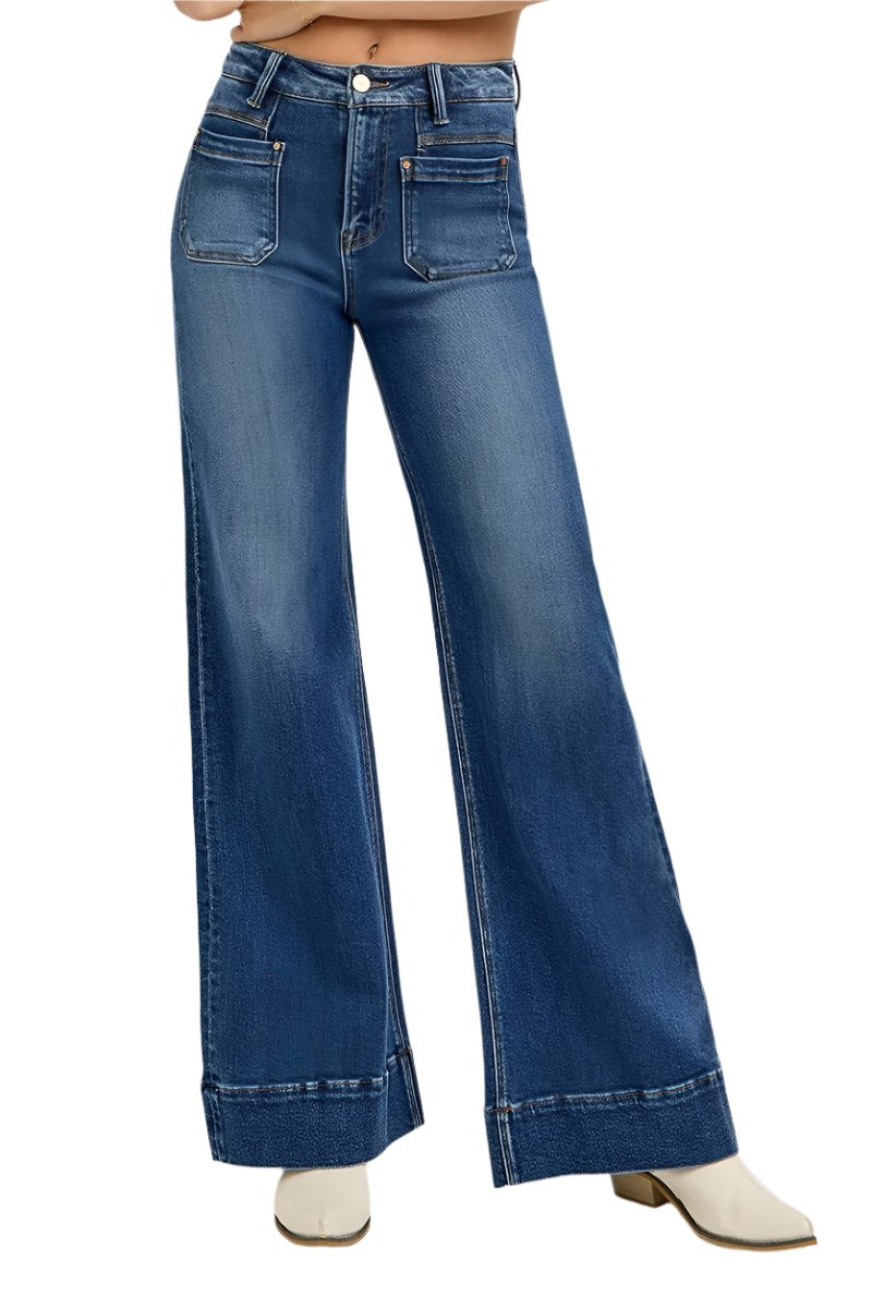 Risen Jeans - High Rise Wide Flare Patch Pocket Jeans - PW21004 - SaltTree