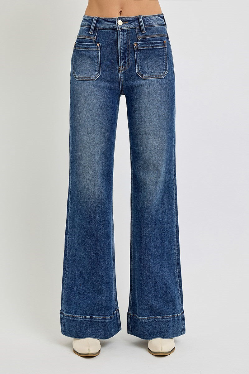 Risen Jeans - High Rise Wide Flare Patch Pocket Jeans - PW21004 - SaltTree