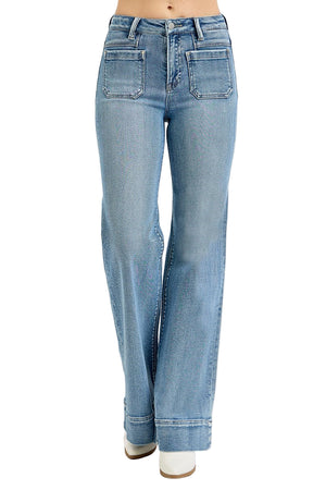 Risen Jeans - High Rise Wide Flare Patch Pocket Jeans - PW21004