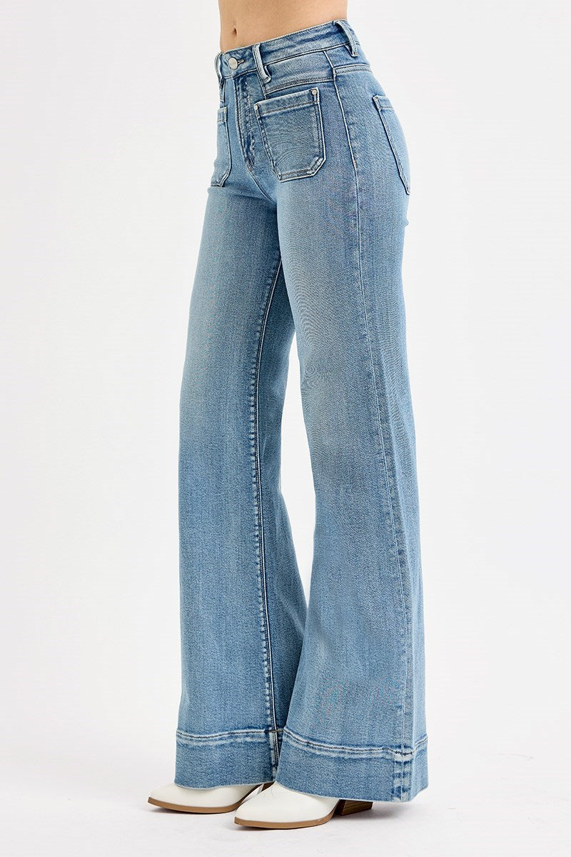 Risen Jeans - High Rise Wide Flare Patch Pocket Jeans - PW21004 - SaltTree