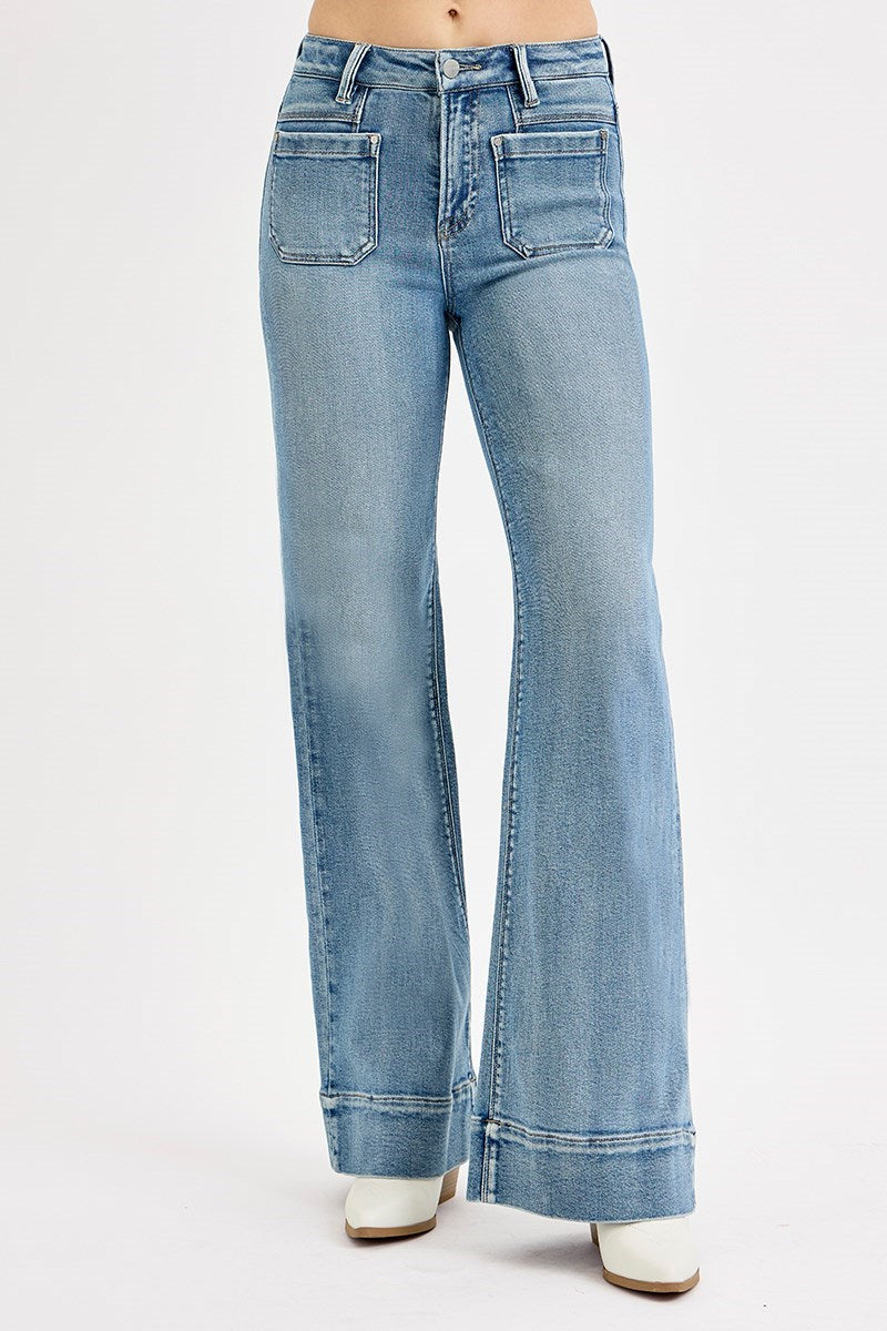 Risen Jeans - High Rise Wide Flare Patch Pocket Jeans - PW21004 - SaltTree