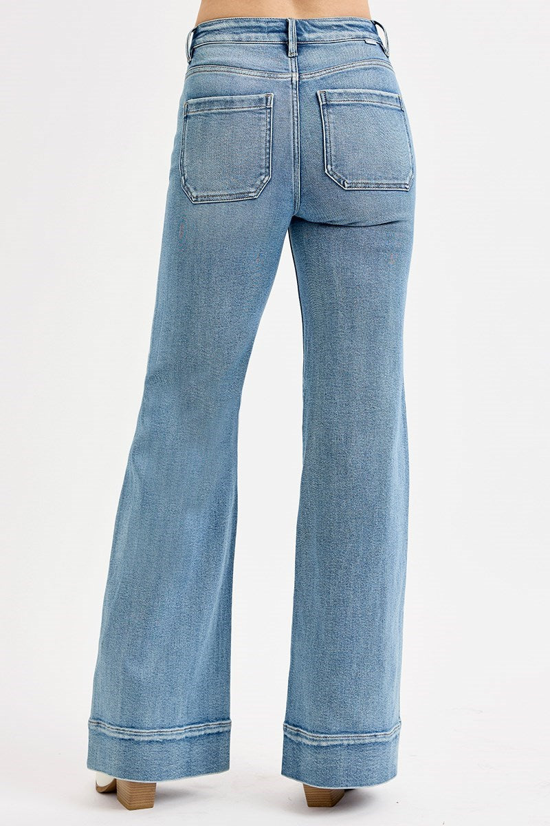 Risen Jeans - High Rise Wide Flare Patch Pocket Jeans - PW21004 - SaltTree