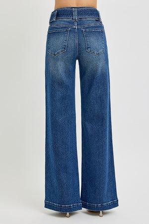 Risen Jeans - Tummy Control High Rise Wide Leg Self Belted Jeans - PW21007 - SaltTree