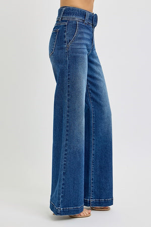 Risen Jeans - Tummy Control High Rise Wide Leg Self Belted Jeans - PW21007 - SaltTree