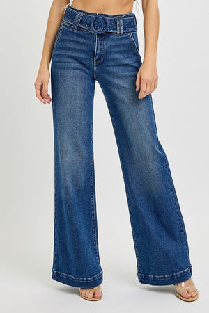 Risen Jeans - Tummy Control High Rise Wide Leg Self Belted Jeans - PW21007 - SaltTree