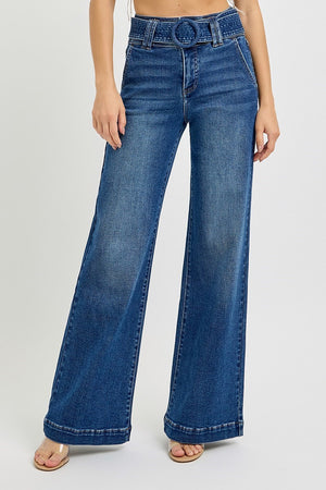 Risen Jeans - Tummy Control High Rise Wide Leg Self Belted Jeans - PW21007 - SaltTree