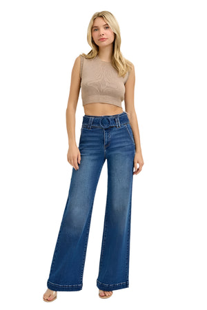 Risen Jeans - Tummy Control High Rise Wide Leg Self Belted Jeans - PW21007 - SaltTree
