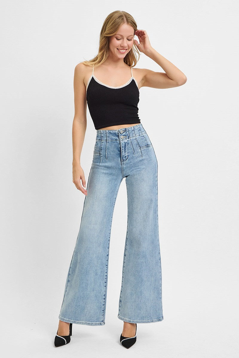 Risen Jeans - High Rise Wide Front & Back Dart Waist Jeans - PW21126 - SaltTree