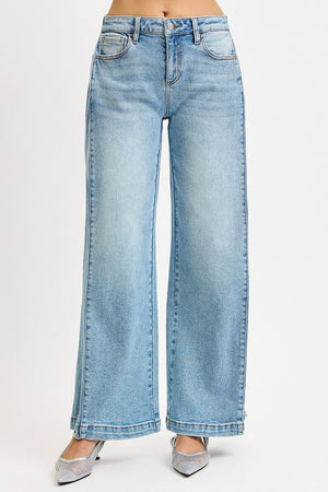 Risen Jeans - Mid Rise Fit Wide & Barrel Transferable Leg Snap Closed Hem Jeans - PW21255 - SaltTree
