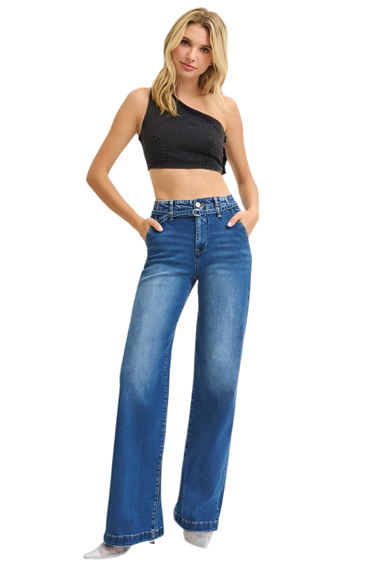 Risen Jeans - High Rise Wide Leg Belted Jeans in Vintage Indigo (33" Inseam) - PW21361