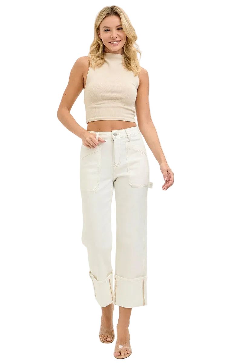 Risen Jeans - High Rise Straight Turn Up Cuffed Pants (27"-33" Inseam) - PW21412-SaltTree