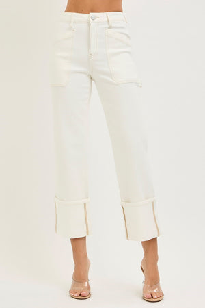 Risen Jeans - High Rise Straight Turn Up Cuffed Pants (27"-33" Inseam) - PW21412-SaltTree