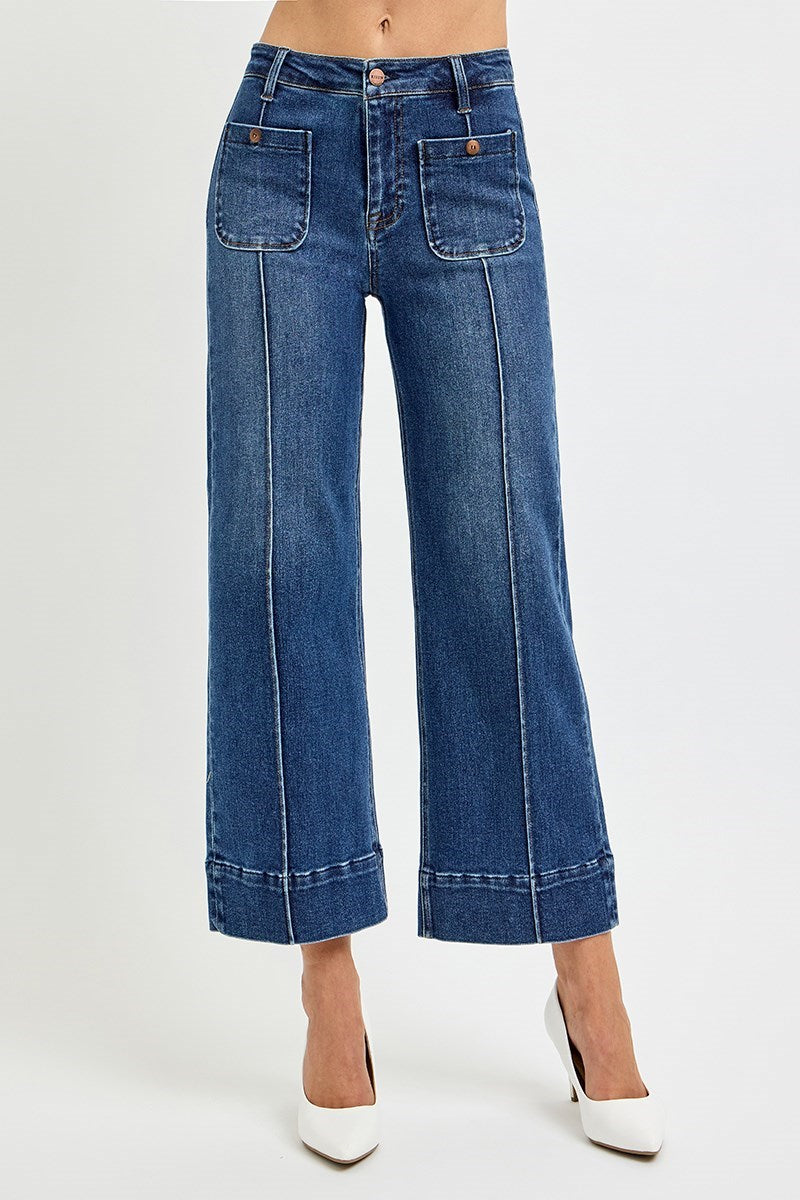 Risen Jeans - High Rise Crop Wide Jeans With Front Pintuck and Patch Pocket - PWC21009 - SaltTree