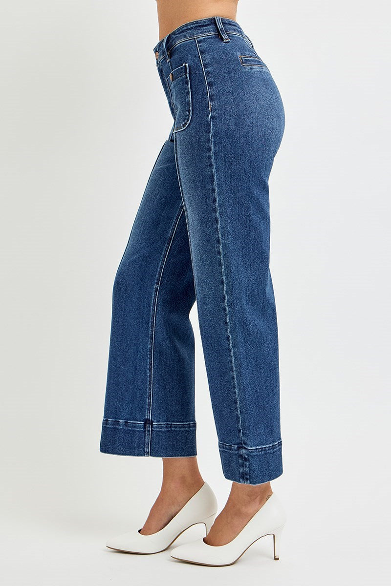 Risen Jeans - High Rise Crop Wide Jeans With Front Pintuck and Patch Pocket - PWC21009 - SaltTree