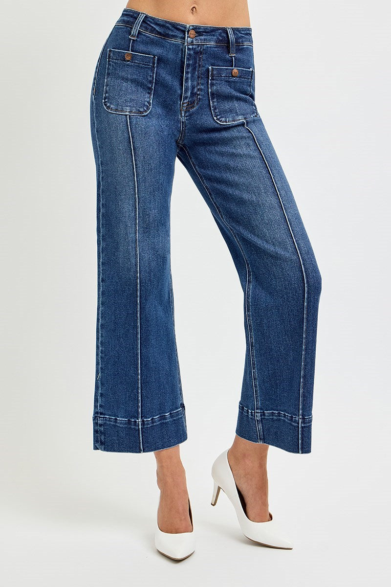 Risen Jeans - High Rise Crop Wide Jeans With Front Pintuck and Patch Pocket - PWC21009 - SaltTree