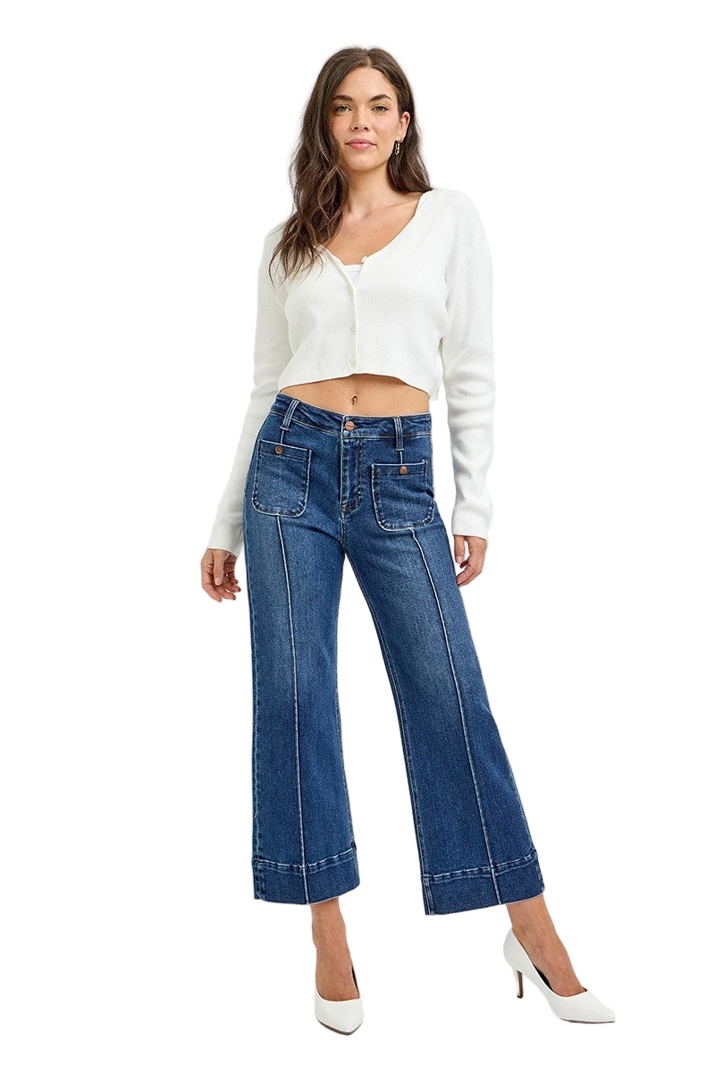 Risen Jeans - High Rise Crop Wide Jeans With Front Pintuck and Patch Pocket - PWC21009 - SaltTree