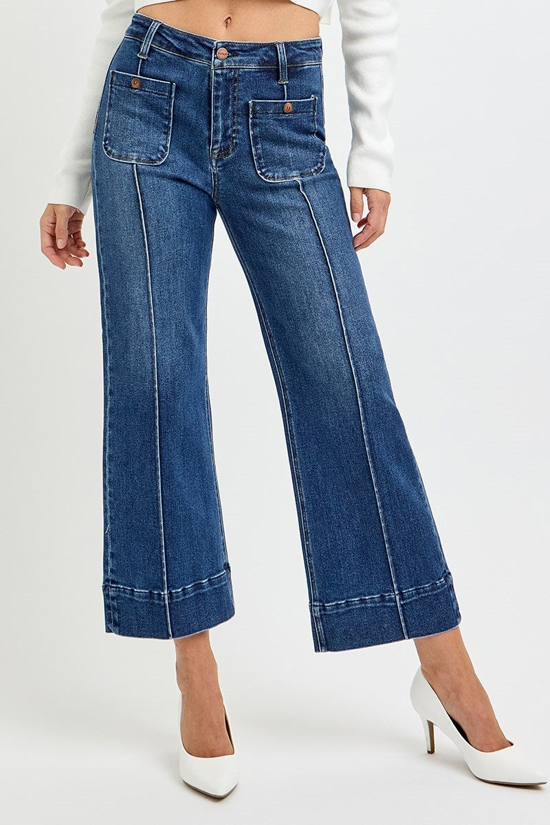 Risen Jeans - High Rise Crop Wide Jeans With Front Pintuck and Patch Pocket - PWC21009 - SaltTree