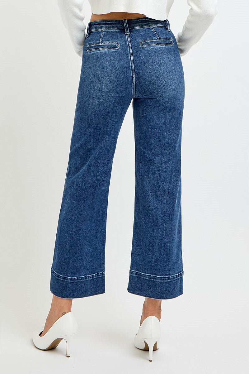 Risen Jeans - High Rise Crop Wide Jeans With Front Pintuck and Patch Pocket - PWC21009 - SaltTree
