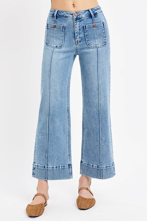 Risen Jeans - High Rise Crop Wide Jeans With Front Pintuck and Patch Pocket - PWC21009