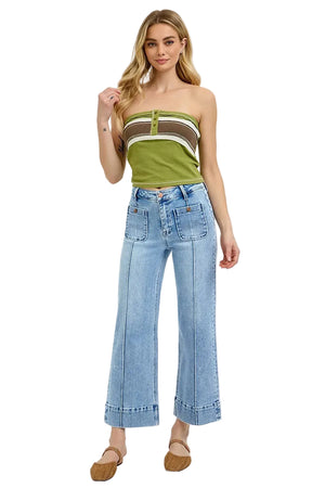 Risen Jeans - High Rise Crop Wide Jeans With Front Pintuck and Patch Pocket - PWC21009