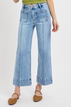 Risen Jeans - High Rise Crop Wide Jeans With Front Pintuck and Patch Pocket - PWC21009