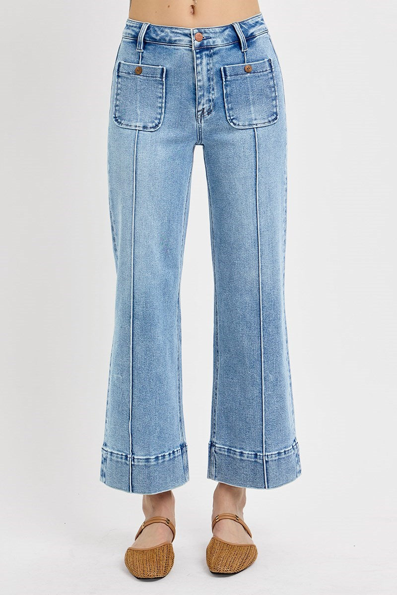 Risen Jeans - High Rise Crop Wide Jeans With Front Pintuck and Patch Pocket - PWC21009