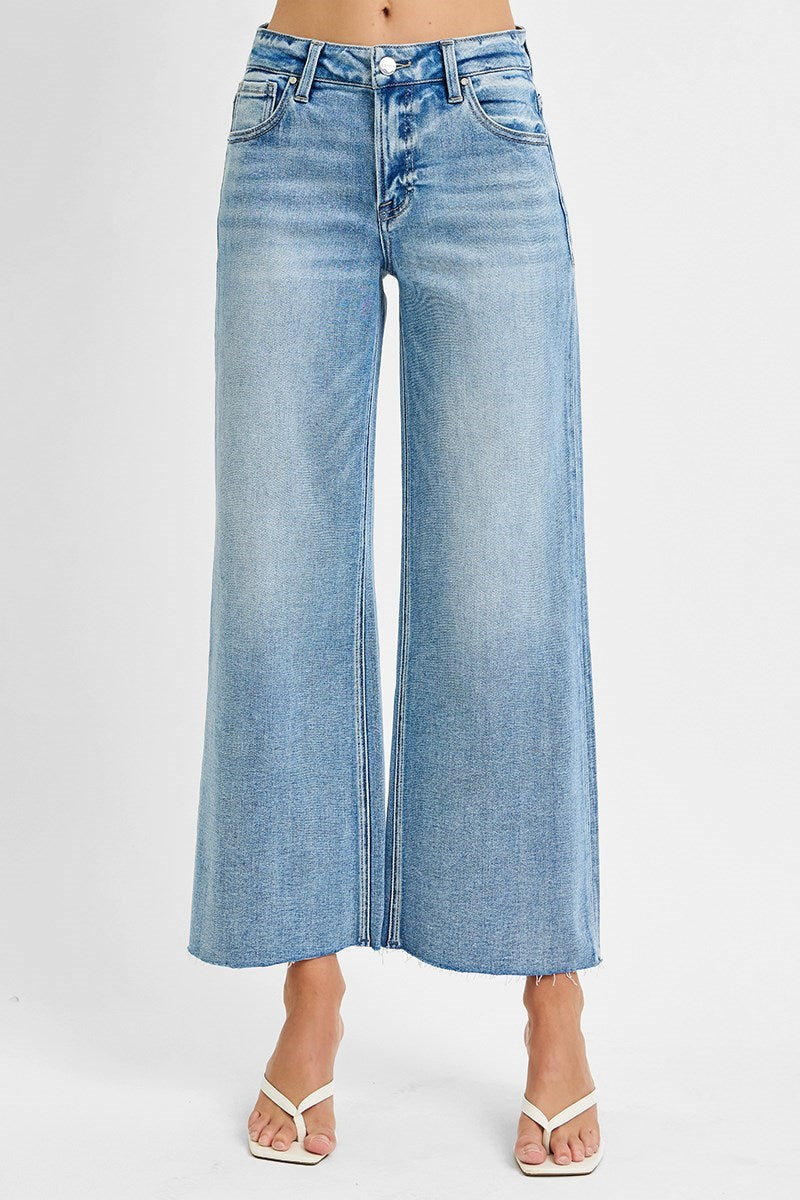 Risen Jeans - Mid Rise Crop Wide Raw Cut Hem Jeans - PWC21093L - SaltTree